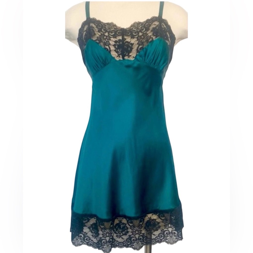 Victoria's Secret Teal Satin Chemise with Black Lace Trim